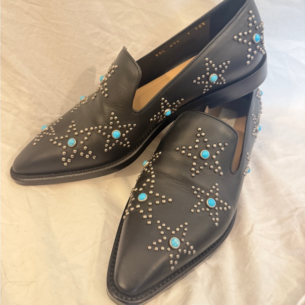 RARE Valentino Garavini Beatle Star black, turquoise star stud loafers